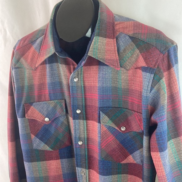 Vintage USA Pendleton Plaid Virgin Wool Western Pearl Snap Large Long (altered) - Picture 3 of 13